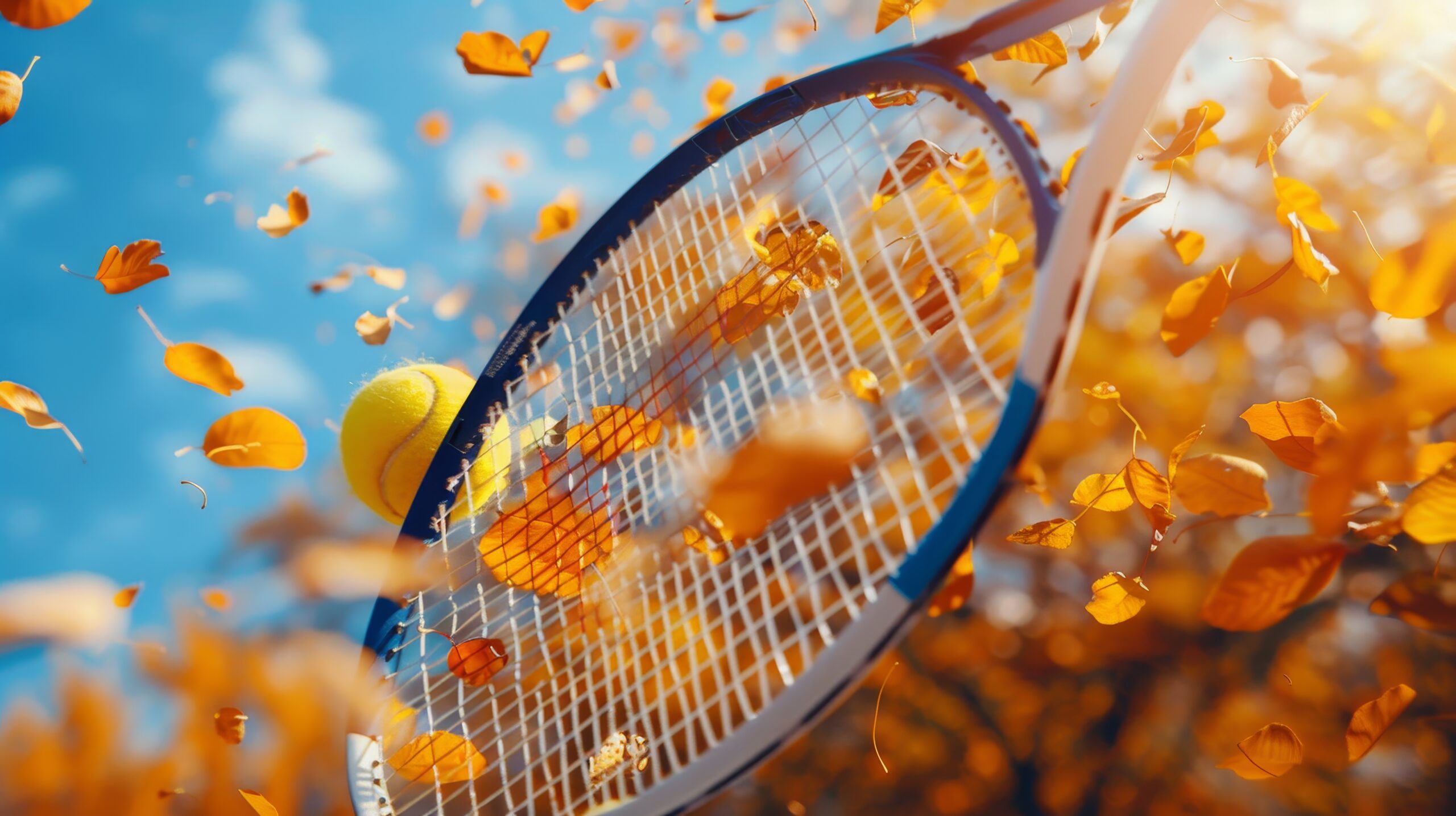 Tennis racket with a tennis ball in the air, surrounded by autumn leaves